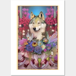 Stunning art deco painting of wolf and roses and wildflowers Posters and Art